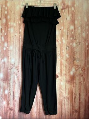 Express Vintage Y2K Black Strapless Ruffle Cropped Elastic Waist Jumpsuit Sz XXS